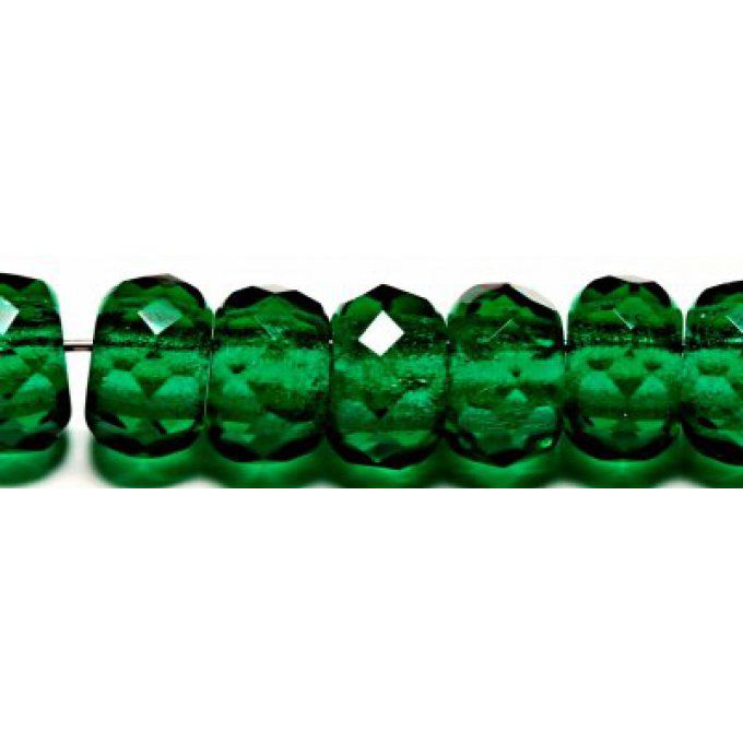 Perle en verre forme rondelle facettée de Bohème 8x12mm vert foncé transparent