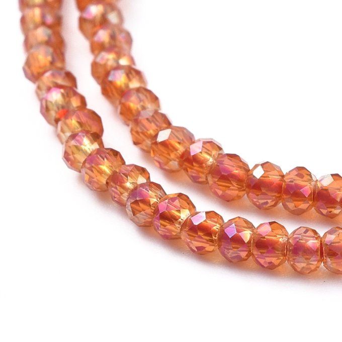 Perles facettées,forme  rondelle  2x1.5mm reflet arc en ciel couleur rouge orangé (1 chapelet) 