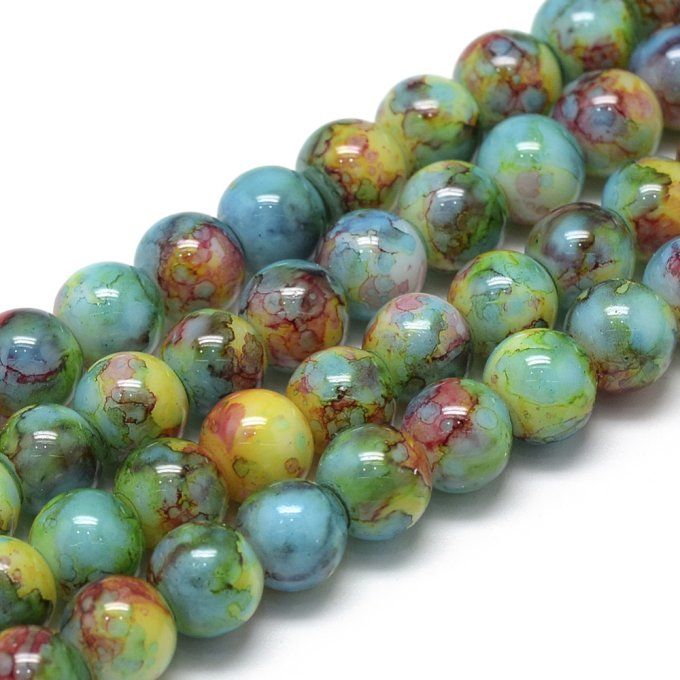 Perles en verre , rondes , colorées , 8-8.5 mm  motif sur fond vert de mer (x10)   