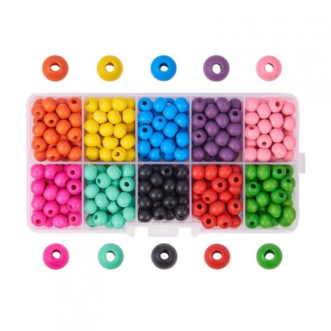 1 kit perles en bois rondes 7x6mm    10 couleurs  (340-350 perles)