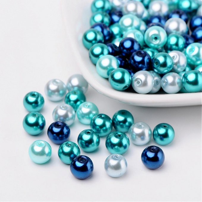 Mélange de 100 perles nacrées Ø8mm  Bleu Caraïbes