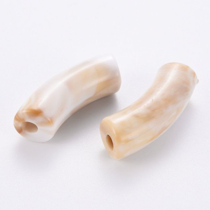 Perle acrylique  opaque en forme de tube incurvé  36x13.5x11.5mm  couleur blanc floral