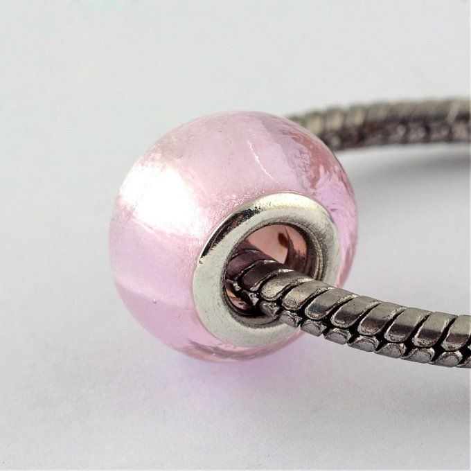 Perle européenne en verre avec feuille d'argent 14mm couleur rose