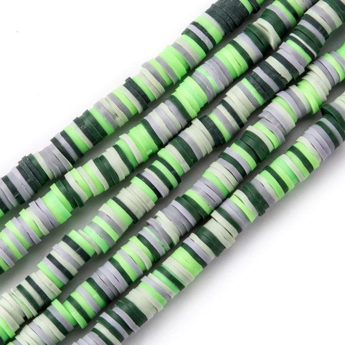 Perles Heishi en pâte polymère 6x1mm (x1 chapelet) mélange de couleurs ton vert M27