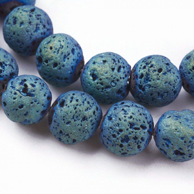 Perle en pierre de lave naturelle, ronde irrégulière 10mm finition bleu/vert