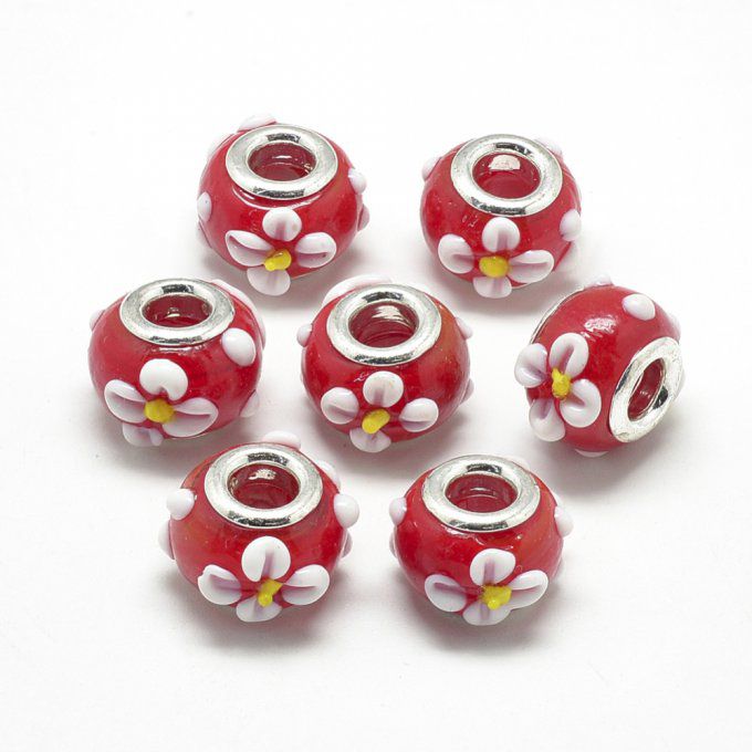 Perle Européenne en lampwork Ø16mm couleur rouge ,fleurs blanches