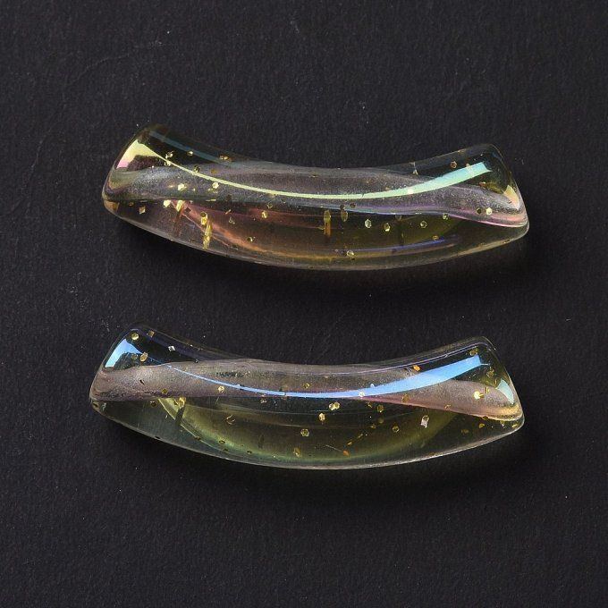 Perle acrylique  en forme de tube incurvé transparent ,effet irisé,pailleté  32x10x8mm  clair