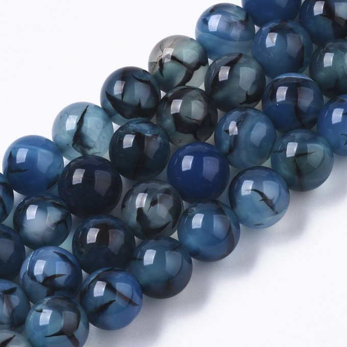Perle en agate naturelle   "veines de dragon"  Ø8mm coloration bleu acier