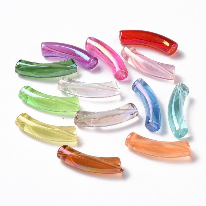 Perles en acrylique transp en forme de tube incurvé 32x10x8mm irisé arc en ciel (x50) mélange 