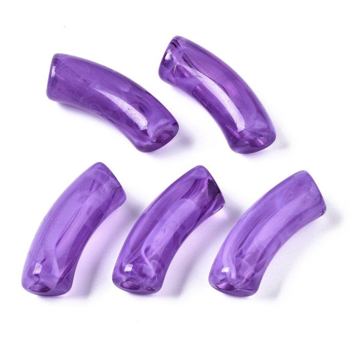 Perle acrylique transparente en forme de tube incurvé  34.5x13x11mm  couleur violet foncé