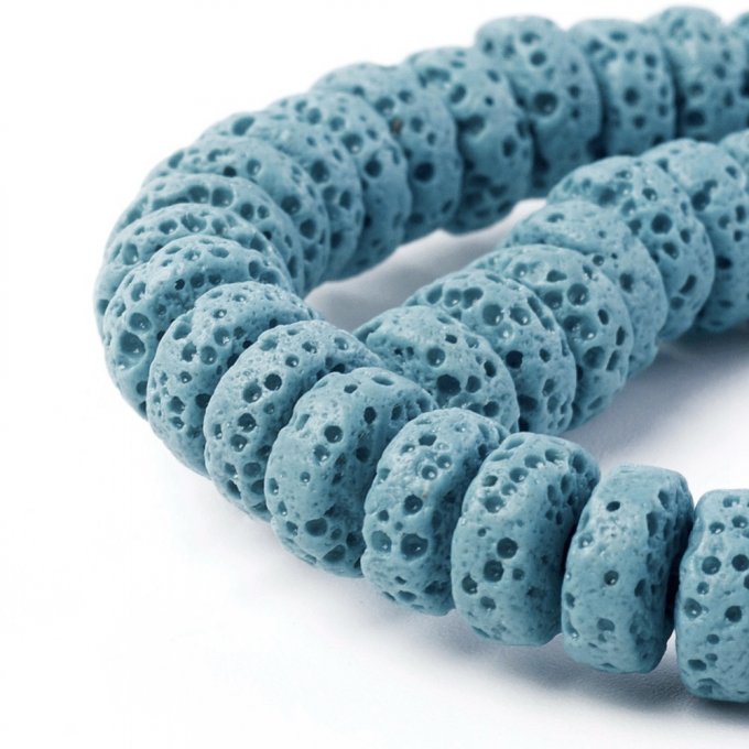 Perles en pierre de lave naturelle colorée forme rond-plat 8x3-4mm bleu ciel (x10)