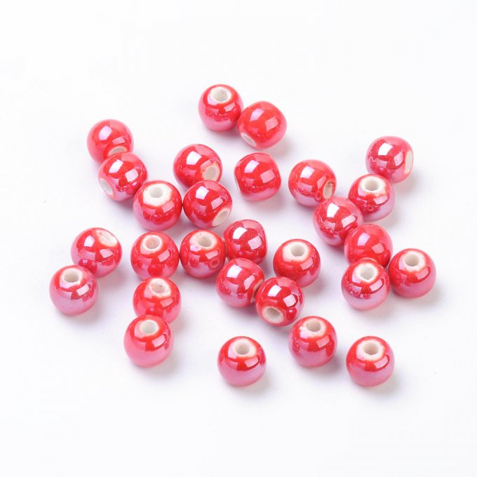 Perles porcelaine nacrée  Ø 6 mm  rouge orangé