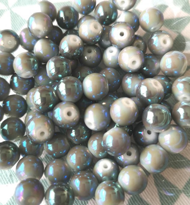 Perles en verre  rondes ,8mm imitation jade couleur grise (x10) 