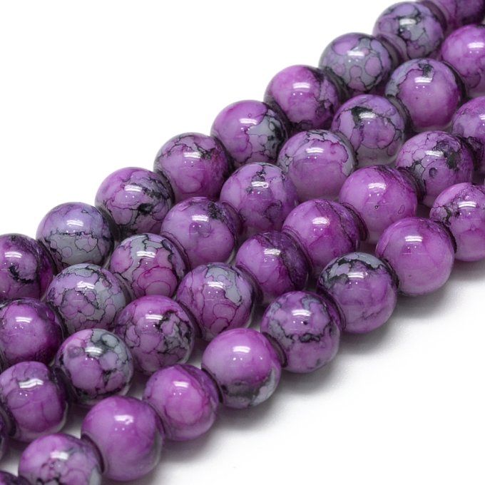 Perles en verre , rondes , colorées , 8-8.5 mm  motif sur fond violet (x10) 