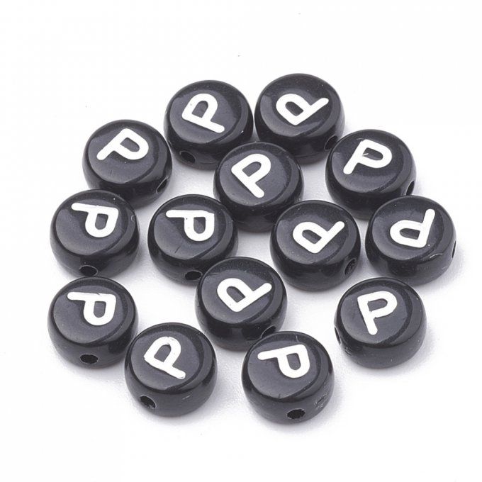 Perle alphabet en acrylique opaque  rond plat  blanc /noir lettre P