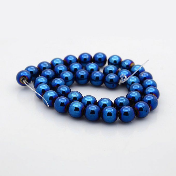 Perle ronde en hématite synthétique 10mm couleur bleu métallique