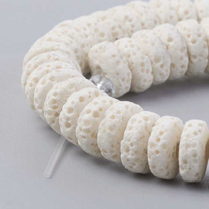 Perles en pierre de lave naturelle colorée forme rond-plat 8x3-4mm blanc (x10)
