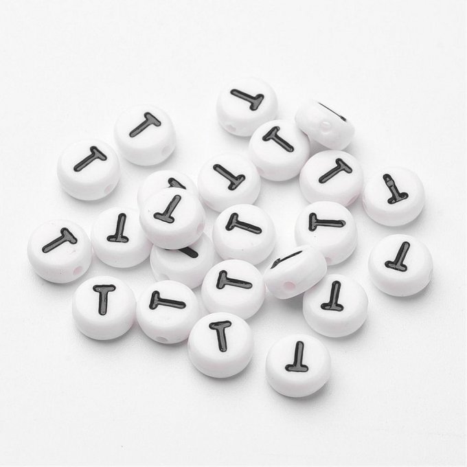 Perle alphabet en acrylique opaque  rond plat  noir /blanc lettre T