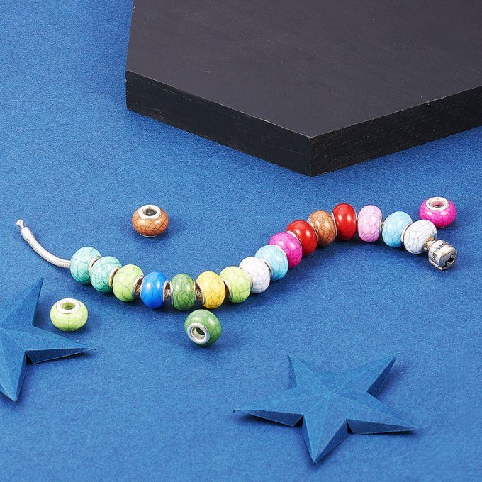 Perles Européennes en résine acrylique motif turquoise craquelée 14x9.5mm (x10)