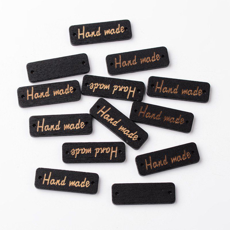 10 étiquettes bois  forme "rectangle" "Hand made" noir