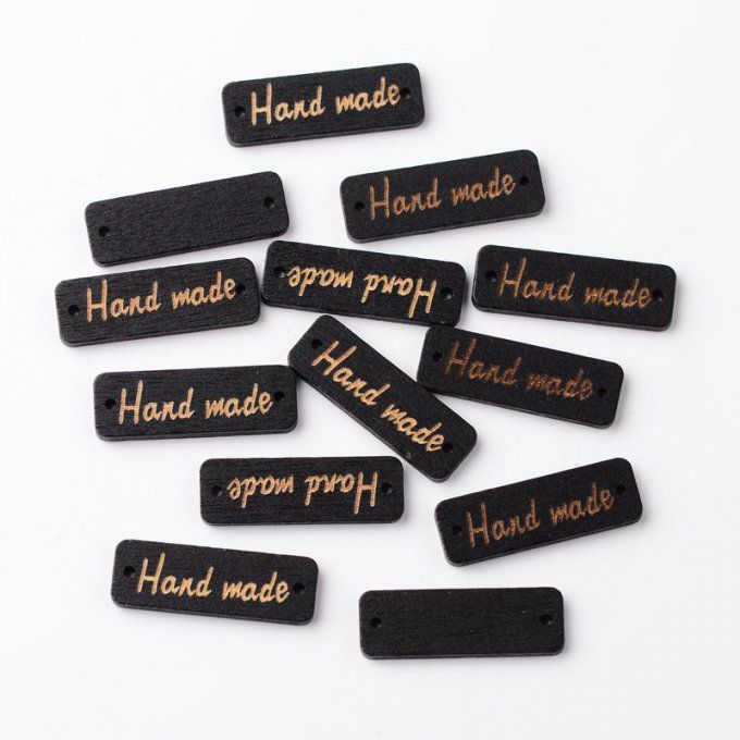 10 étiquettes bois  forme "rectangle" "Hand made" noir