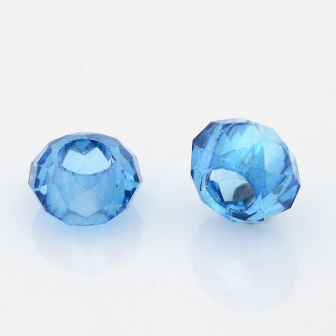 Perle de verre facettée forme rondelle avec grand trou 14x8mm  bleu dodger