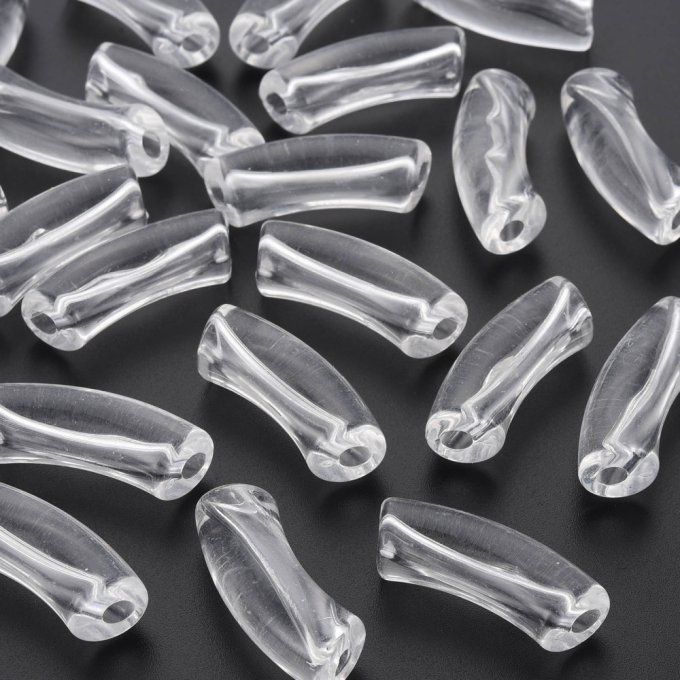 Perle acrylique  transparente en forme de tube incurvé  36x13.5x11.5mm  couleur cristal