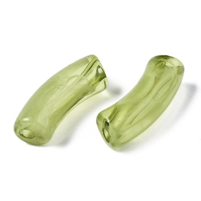 Perle acrylique transparente en forme de tube incurvé  34.5x13x11mm  couleur vert olive