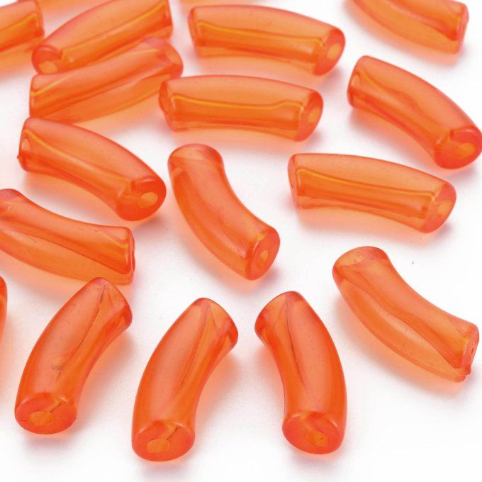Perle acrylique  transparente en forme de tube incurvé  36x13.5x11.5mm  couleur orange