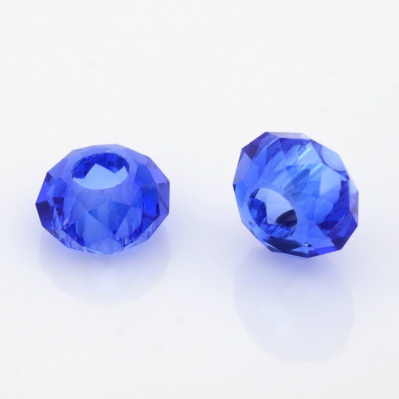 Perle de verre facettée forme rondelle avec grand trou 14x8mm  bleu roi