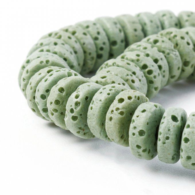 Perles en pierre de lave naturelle colorée forme rond-plat 8x3-4mm vert mer foncé (x10)