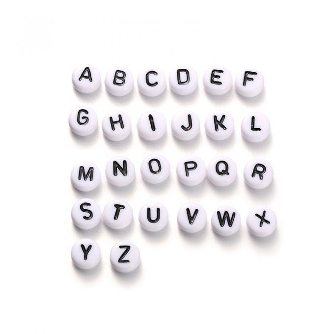 Perles alphabet en acrylique opaques  rond plat  noir /blanc (1 kit 26 lettres) 