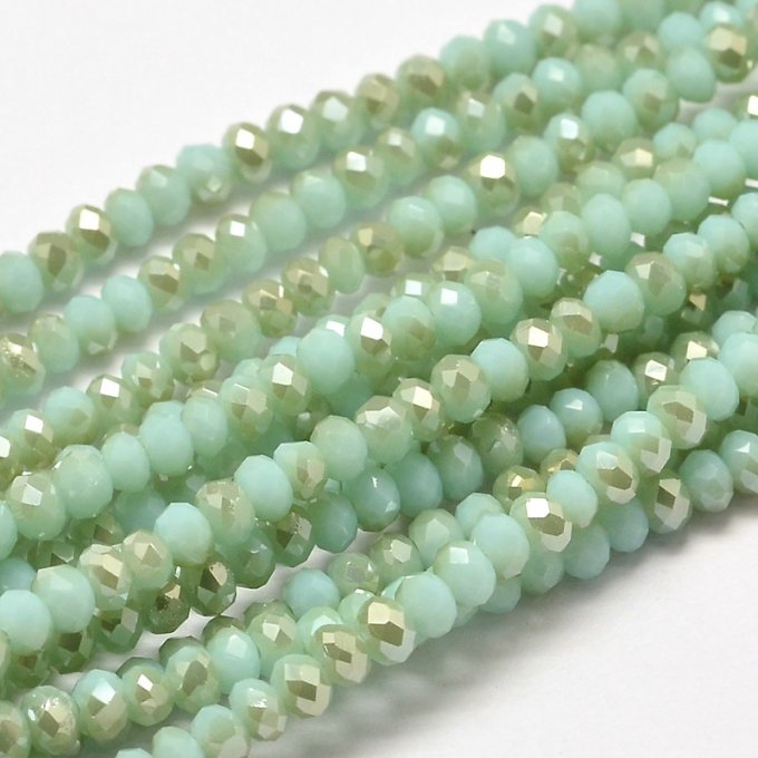 Perles facettées,forme abaque 4x3mm imitation jade,reflets métalliques aigue-marine (x50)