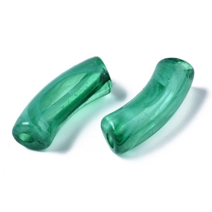 Perle acrylique transparente en forme de tube incurvé  34.5x13x11mm  couleur verte