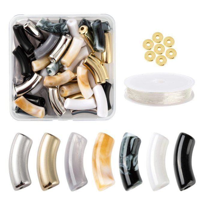 Kit  de perles en forme de tubes courbés ,mélanges de couleurs, fil élastique et intercalaires
