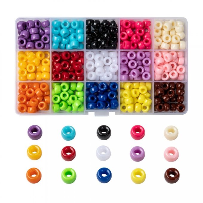 Kit ,perles en acrylique ,mélange de couleurs  ,grands trous, forme tonneau 9x6mm