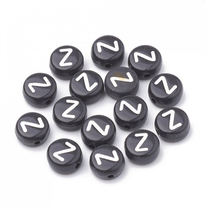 Perle alphabet en acrylique opaque  rond plat  blanc /noir lettre Z