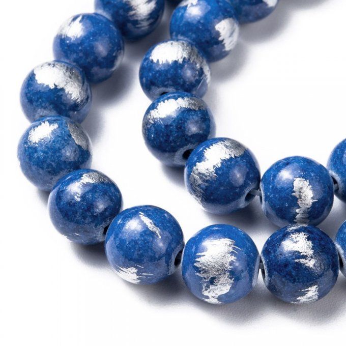 Perle ronde en jade naturelle  , feuille d'argent  Ø8mm , coloré bleu