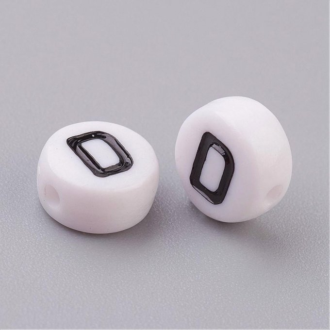 Perle alphabet en acrylique opaque  rond plat  noir /blanc lettre D