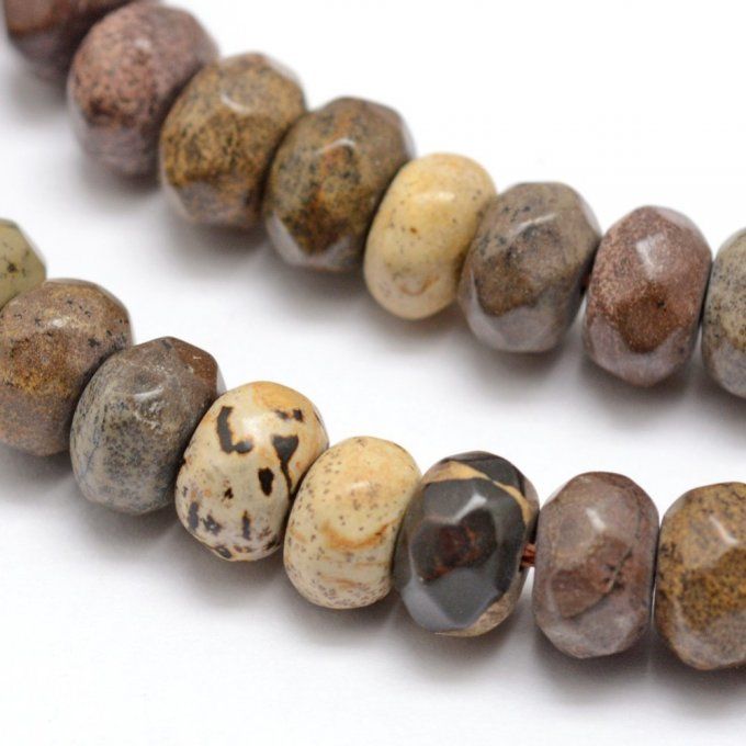 Perle en forme de rond plat facetté, en jaspe dendritique naturelle  (jaspe de Chohua) 8x 5 mm