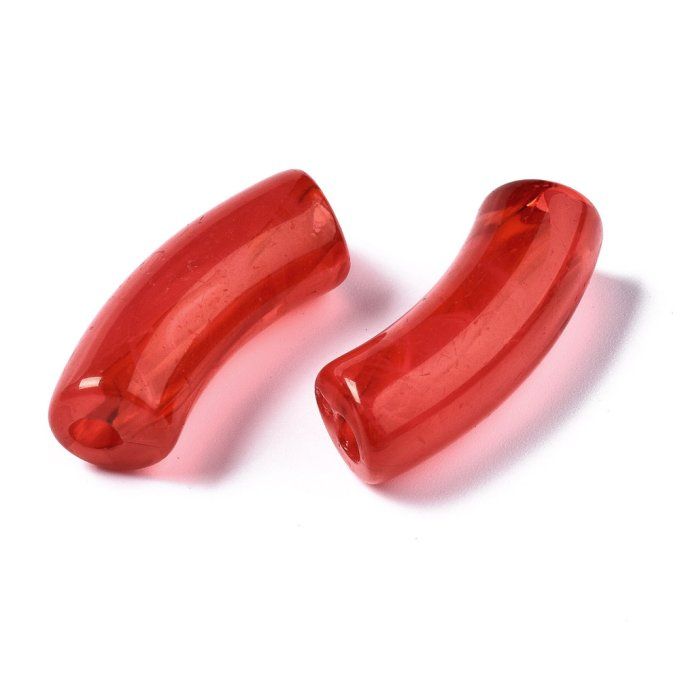 Perle acrylique transparente en forme de tube incurvé  34.5x13x11mm  couleur rouge