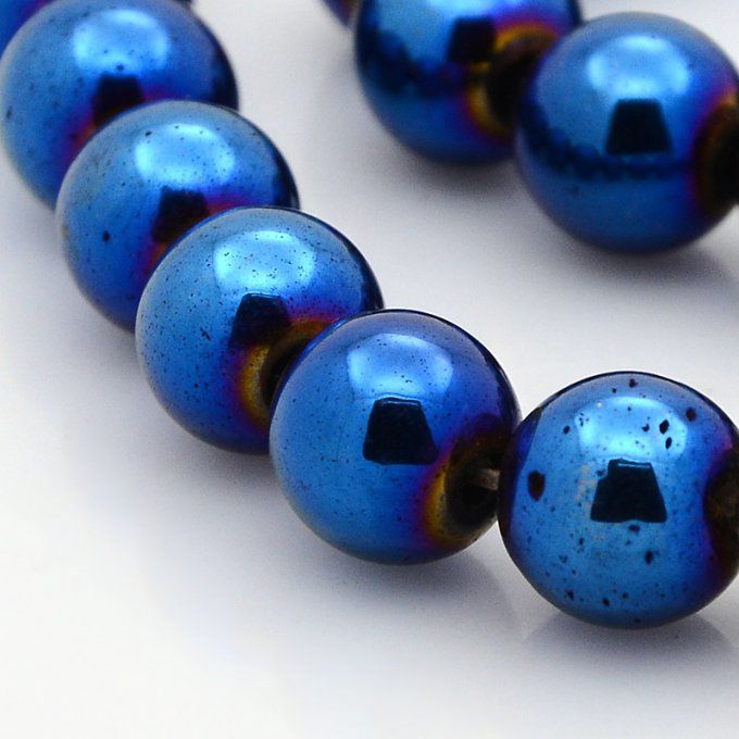 Perle ronde en hématite synthétique 10mm couleur bleu métallique