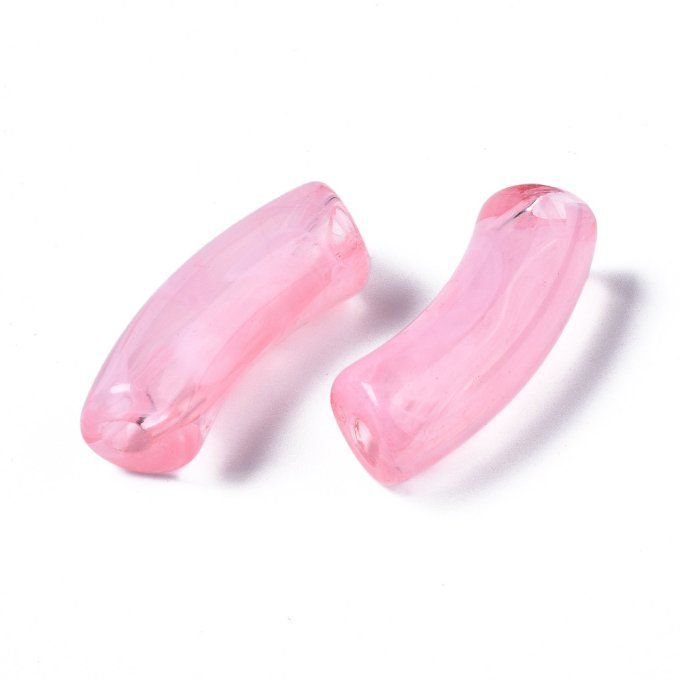 Perle acrylique transparente en forme de tube incurvé  34.5x13x11mm  couleur rose