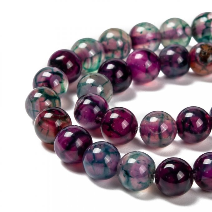 Perle en agate naturelle   "veines de dragon"  Ø8mm coloration violet rouge