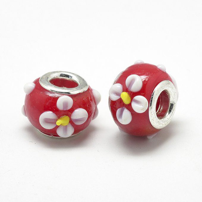 Perle Européenne en lampwork Ø16mm couleur rouge ,fleurs blanches