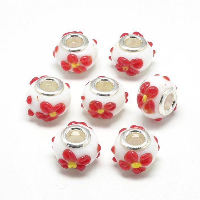 Perle Européenne en lampwork Ø16mm couleur blanche ,fleurs rouges