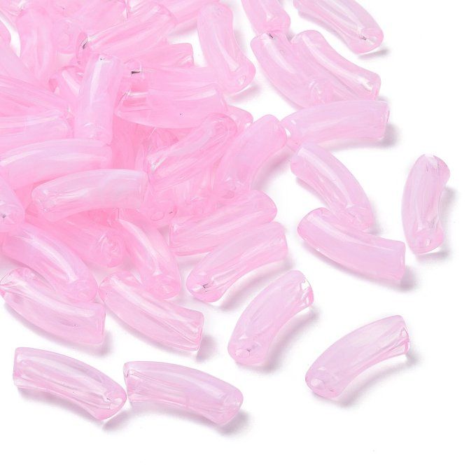 Perle acrylique transparente en forme de tube incurvé  34.5x13x11mm  couleur rose brumeux