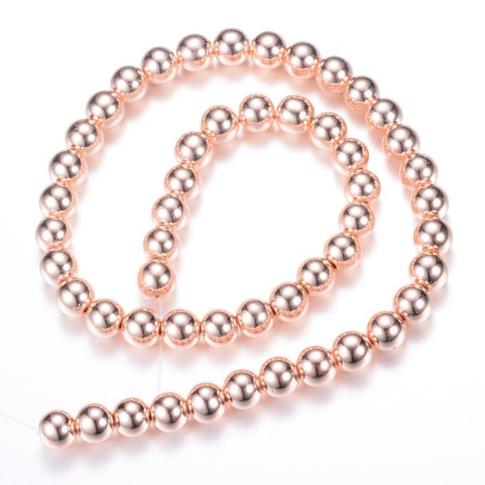 Perle ronde en hématite synthétique 8mm couleur or rose  métallique 