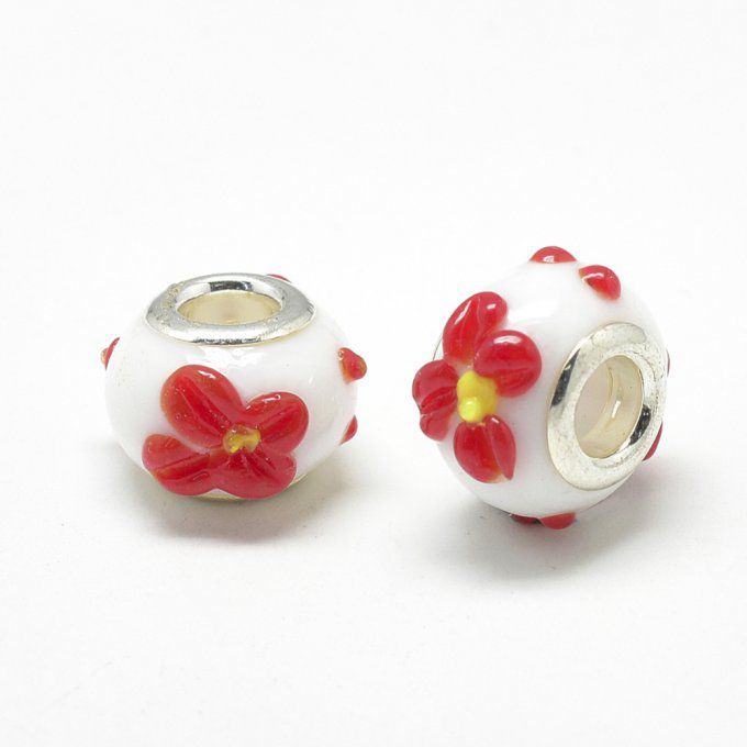 Perle Européenne en lampwork Ø16mm couleur blanche ,fleurs rouges