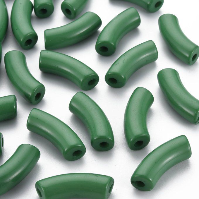 Perle acrylique  opaque en forme de tube incurvé  36x13.5x11.5mm  couleur vert foncé